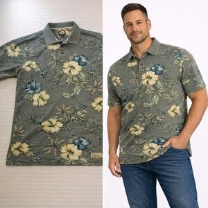 Tommy Bahama Relax Mens XL Polo Shirt Green Floral Tropical Cotton Short Vintage